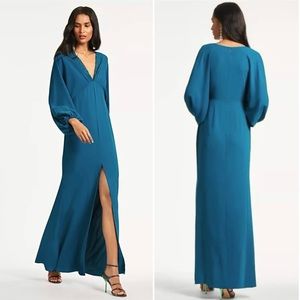 Sachin & Babi Blue Formal Gown Size 2 Teal Long Sleeve V-Neck Beaded Maxi Dress